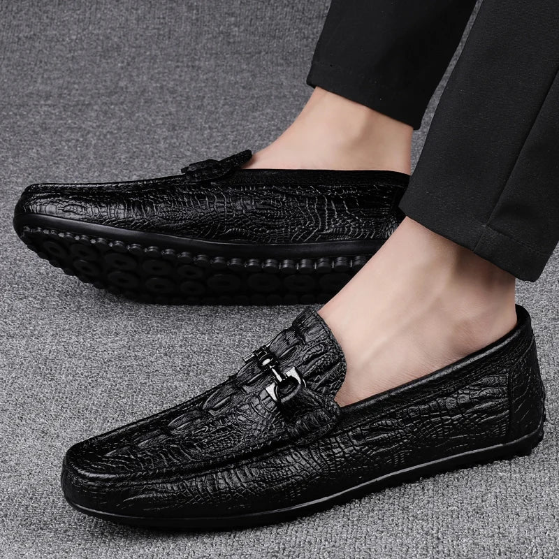 Handmade Shoes Leather Black Formal Shoes Casual Loafers Men's Crocodile Pattern Fashion