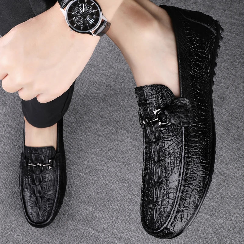 Handmade Shoes Leather Black Formal Shoes Casual Loafers Men's Crocodile Pattern Fashion