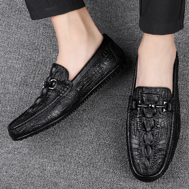 Handmade Shoes Leather Black Formal Shoes Casual Loafers Men's Crocodile Pattern Fashion