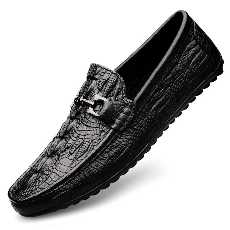 Handmade Shoes Leather Black Formal Shoes Casual Loafers Men's Crocodile Pattern Fashion